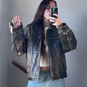 Vintage 90s J. Crew Leather Bomber Jacket Large Brown Worn Distressed Faded